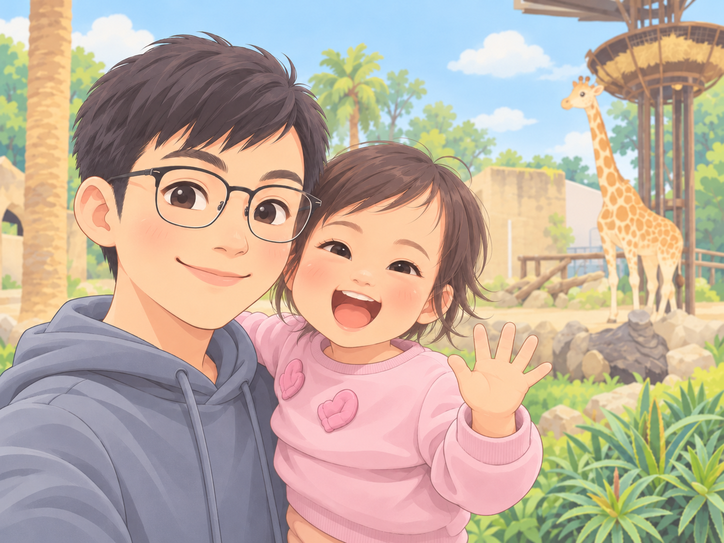 Me and my daughter at the zoo, with giraffes behind us