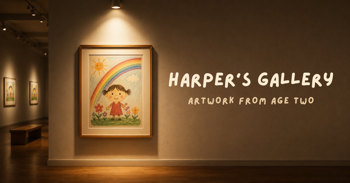 Harper's Gallery cover: a crayon drawing hanging in a softly lit gallery.